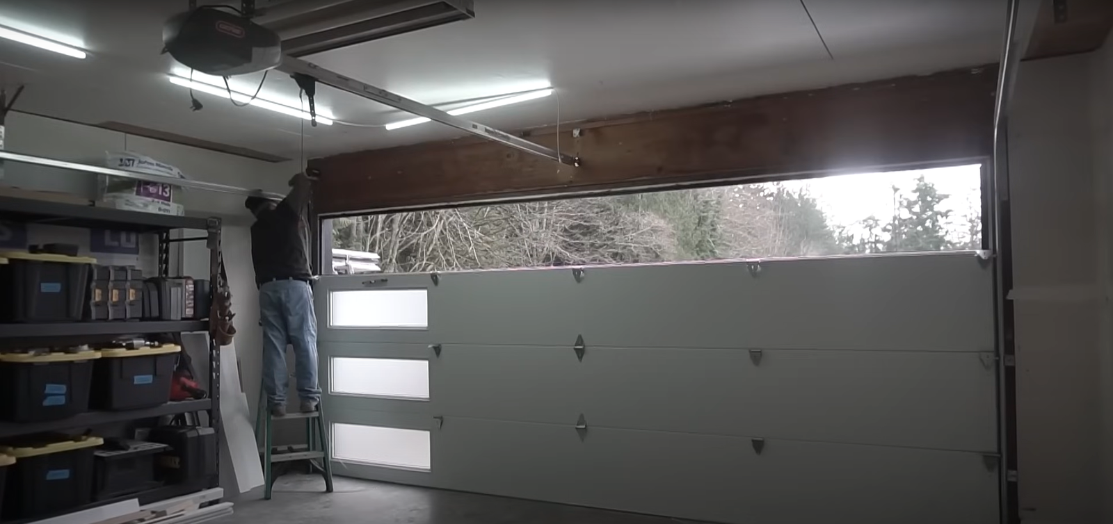 A comparison image of a technician from Hilliard Garage Door Repair conducting a garage door repair on one side and installing a new garage door on the other.